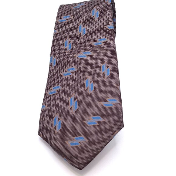 Yves Saint Laurent Silk Brown & Blue Geometric Patterned Tie - Picture 1 of 15